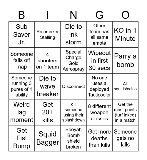 Splatoon 3 Bingo Card