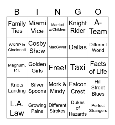 80's TV Theme Songs Bingo Card