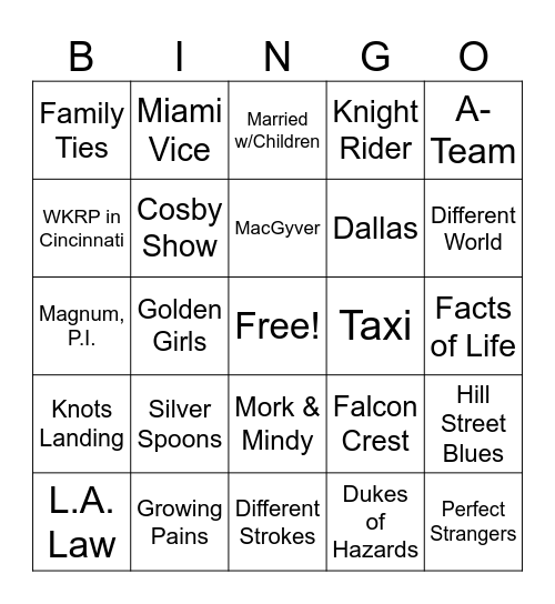 80's TV Theme Songs Bingo Card