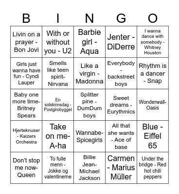80 og 90 talls musikk Bingo Card