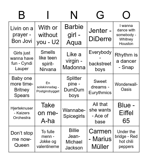 80 og 90 talls musikk Bingo Card