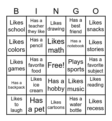 Find A Friend Bingo Card