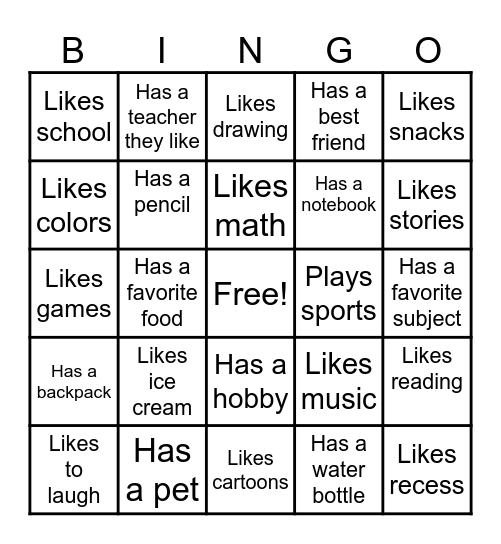 Find A Friend Bingo Card