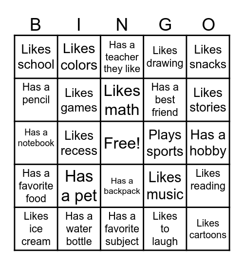 Find A Friend Bingo Card