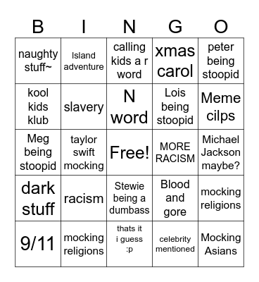 Family guy bingo Card