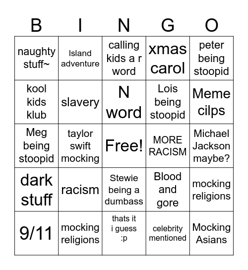 Family guy bingo Card