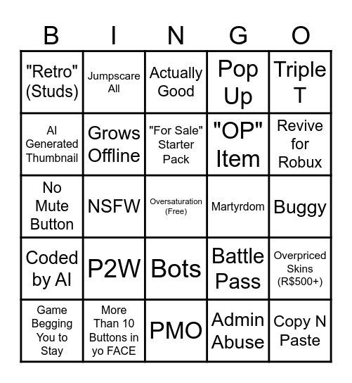 Roblox Brainrot Slop Bingo Card