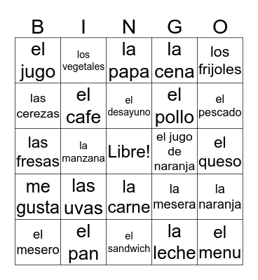 La comida bingo Card