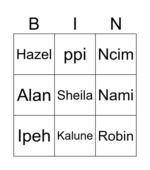 Sheila Bingo Card