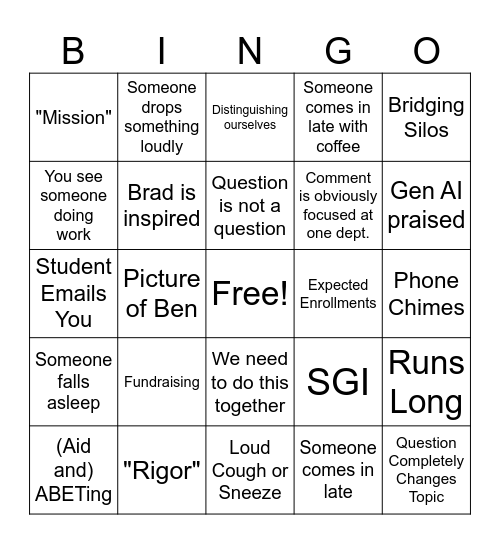 CoE College Meeting Bingo Card