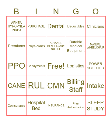 DME/Insurance Bingo Card