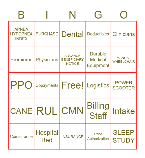DME/Insurance Bingo Card
