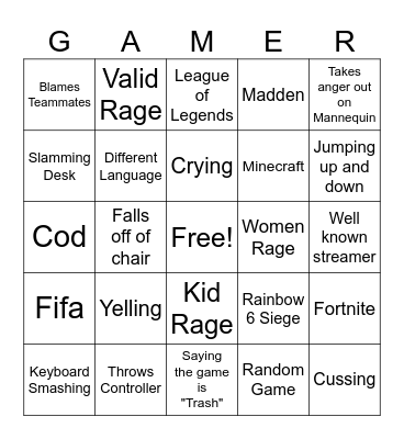 Gamer Rage Bingo Card