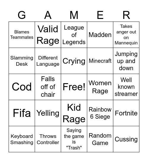 Gamer Rage Bingo Card