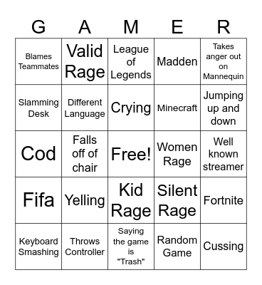Gamer Rage Bingo Card