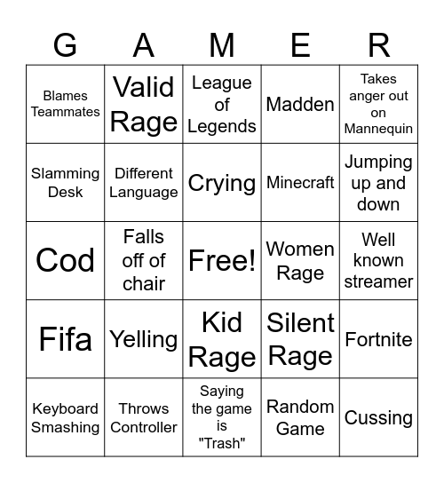 Gamer Rage Bingo Card
