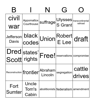 Civil War Bingo Card