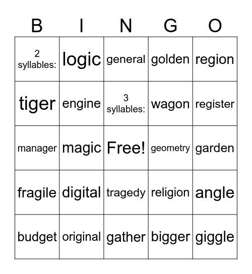 c and g Bingo Card