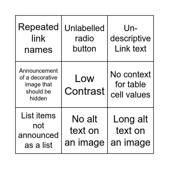 Screen Reader Bingo Card