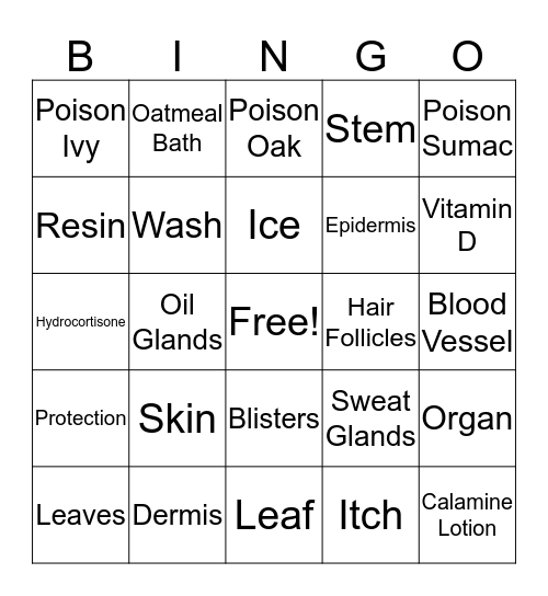 First-Aid Poison Ivy Bingo Card