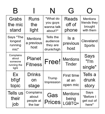 LVT Open Mic Bingo Card