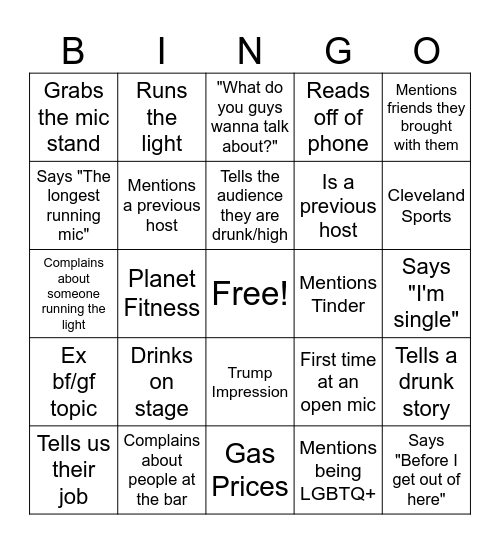LVT Open Mic Bingo Card