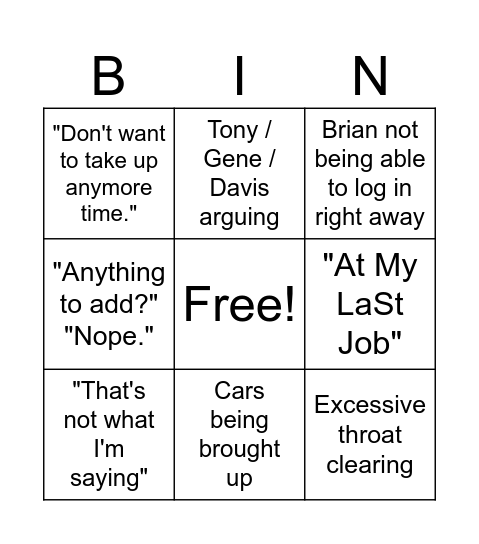 Drafting Meeting Bingo Card