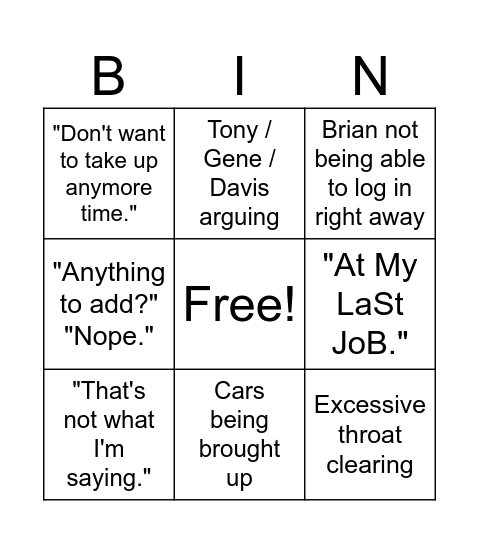 Drafting Meeting Bingo Card