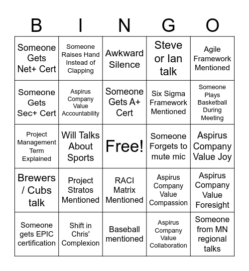 IT Town Hall Bingo Card