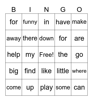 Sight Word Bingo Card