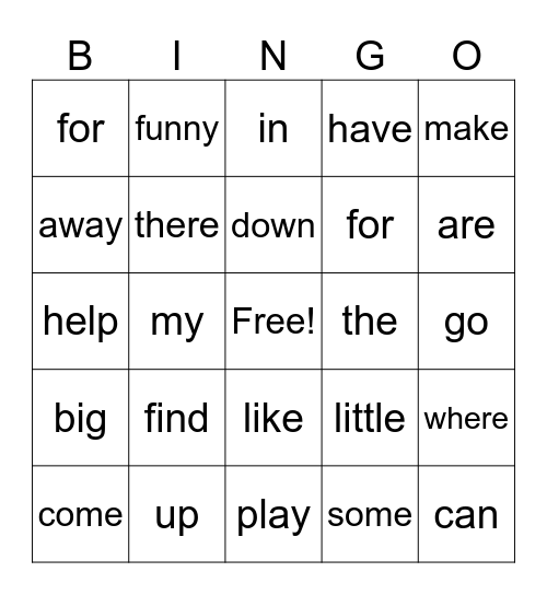 Sight Word Bingo Card