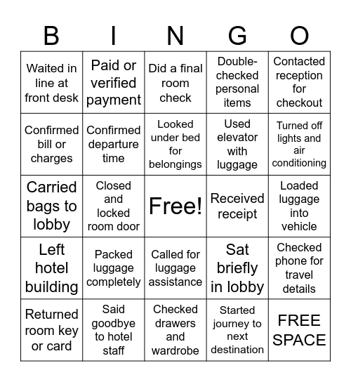 Check out/Leaving Hotel Bingo Card