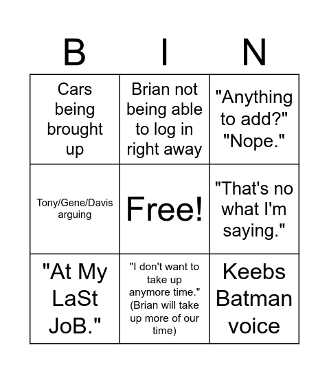 Drafting Meeting Bingo Card