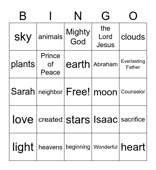 Bible Lesson Words Bingo Card