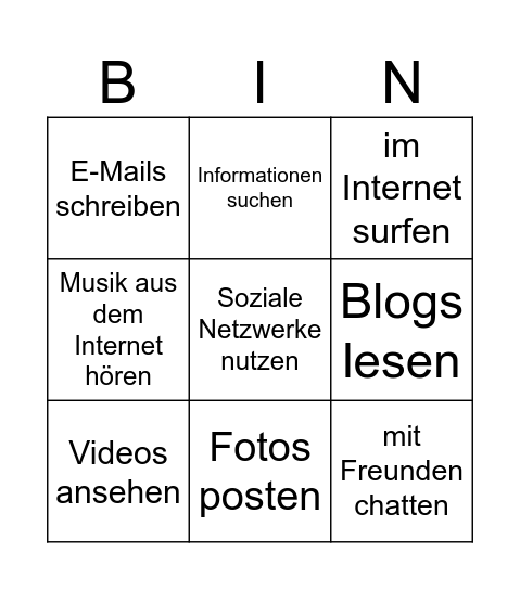 Was machst du im Internet? (BL. A1.2) Bingo Card