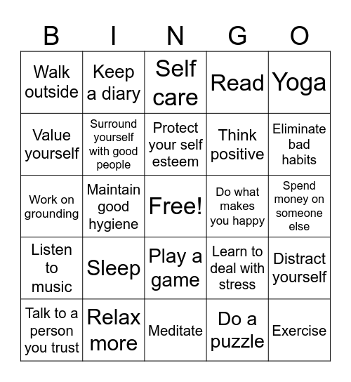 Emotional Wellness Bingo Card