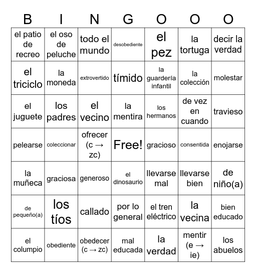 SEN 2 - Vocab 4A Bingo Card