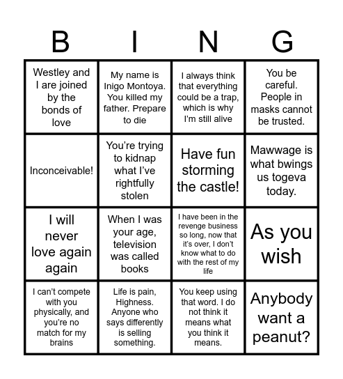 The Princess Bride Bingo Card