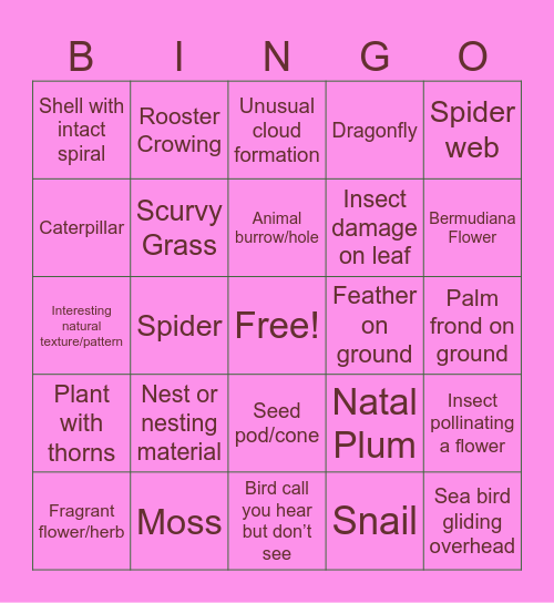 Queenie’s Wild Nature Walk Bingo Card