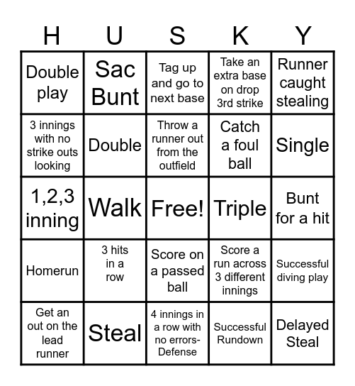 Softball Bingo Card