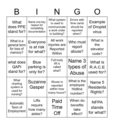 New Hire Orientation Bingo Card