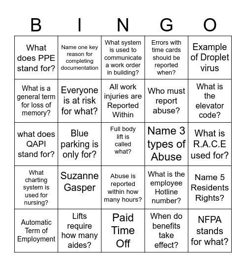 New Hire Orientation Bingo Card