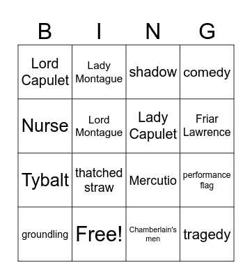 Romeo and Juliet Bingo Card