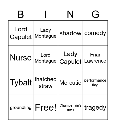 Romeo and Juliet Bingo Card