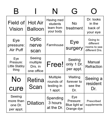 Opthamology Patient Bingo Card