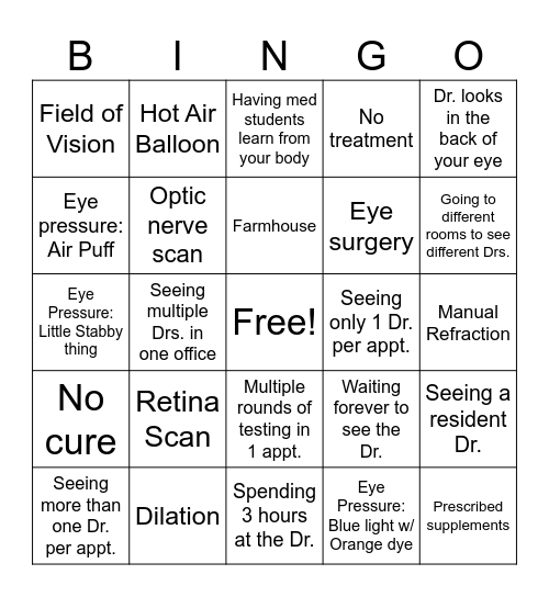 Opthamology Patient Bingo Card