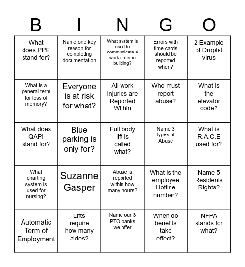 New Hire Orientation Bingo Card