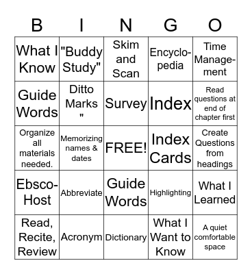 Study Skills Bingo Card
