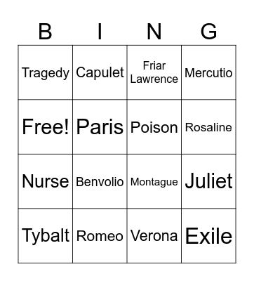 Romeo and Juliet Bingo Card