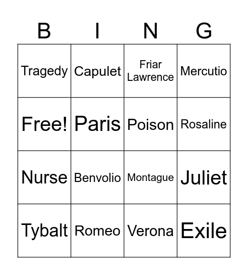 Romeo and Juliet Bingo Card